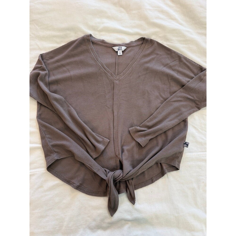 Joy Lab Waffle Knit Tie Front Long Sleeve Top Brown